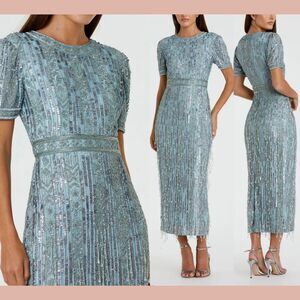 NWT Mac Duggal [ 8 ] 5980 High Neck Short Sleeve Crystal Fringe‎ Dress Blue